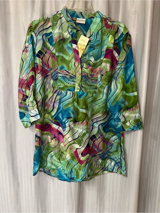 Christina Tops - Christina 100% Silk Abstract Wave-Print Tunic - Blue/Green/Pink size Large NWT